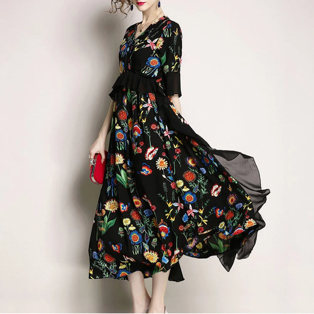 Женское летнее платье с коротким рукавом корейский стиль цветочный принт черное