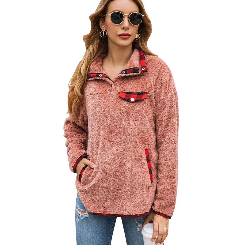 2019 зимняя флисовая толстовка модный отложной воротник карман пэтчворк пушистая