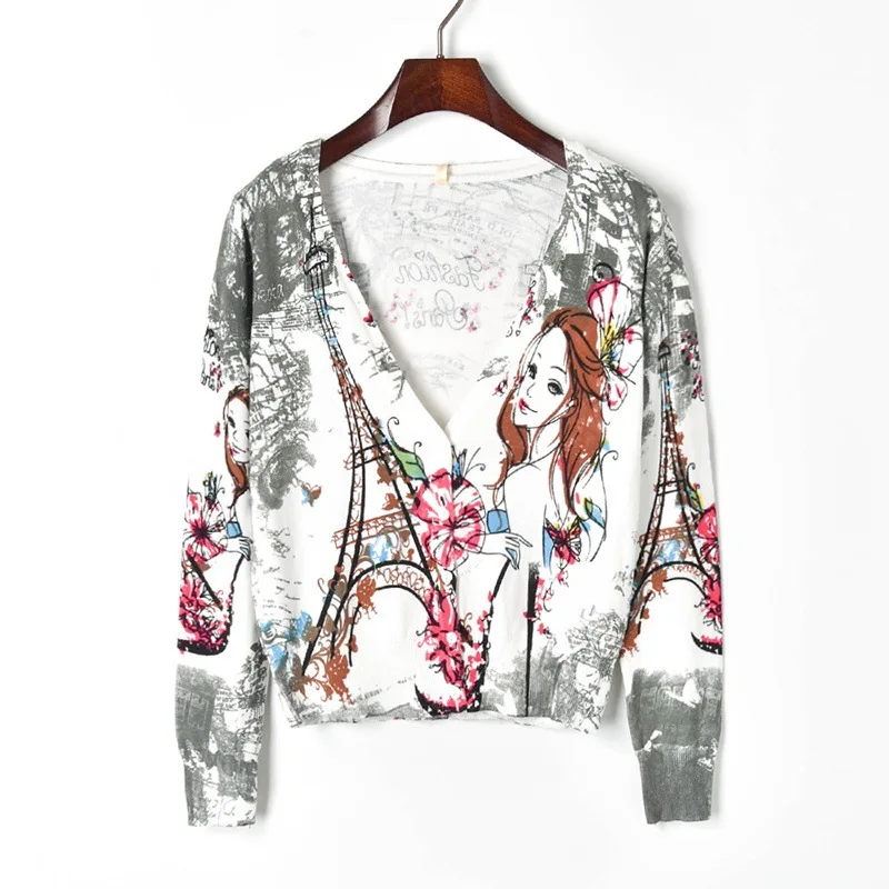 Женский вязаный свитер с длинным рукавом короткий топ принтом Парижской башни и