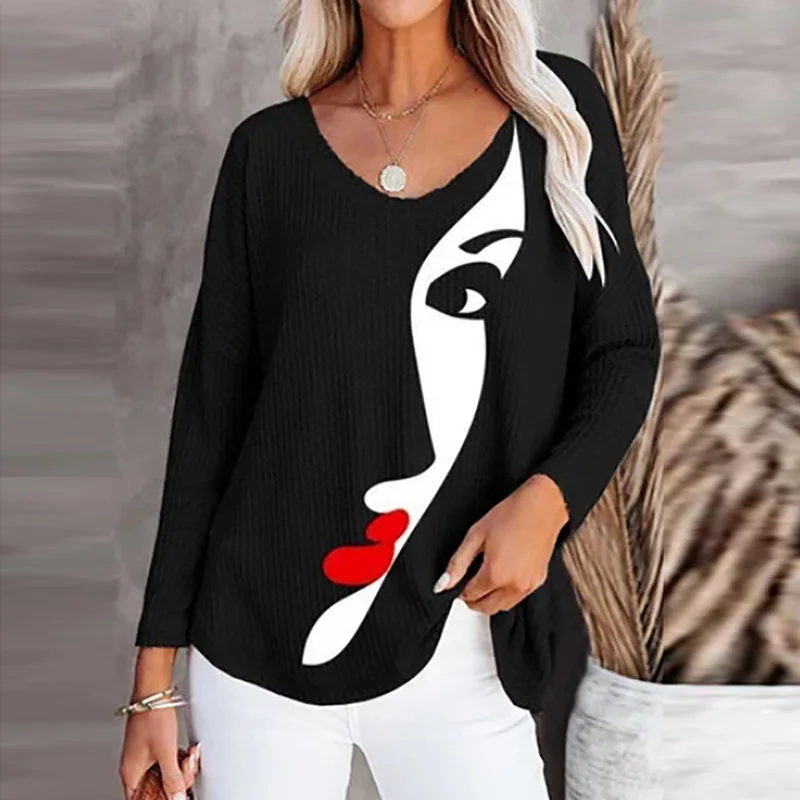 

Face Printing Slim Fit V Neck Long Sleeve Tops Blusa Women Autumn Casual Loose Long Sleeve Shirts Female Streetwear XXXL Blouse