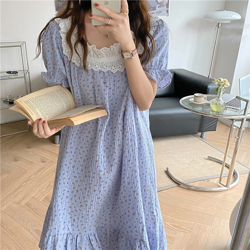 

Alien Kitty Sweet Sleepwear Girls Florals Printed Home Wear Lace Patchwork Princess Women Chic Loose Cotton Pajamas Nightdress