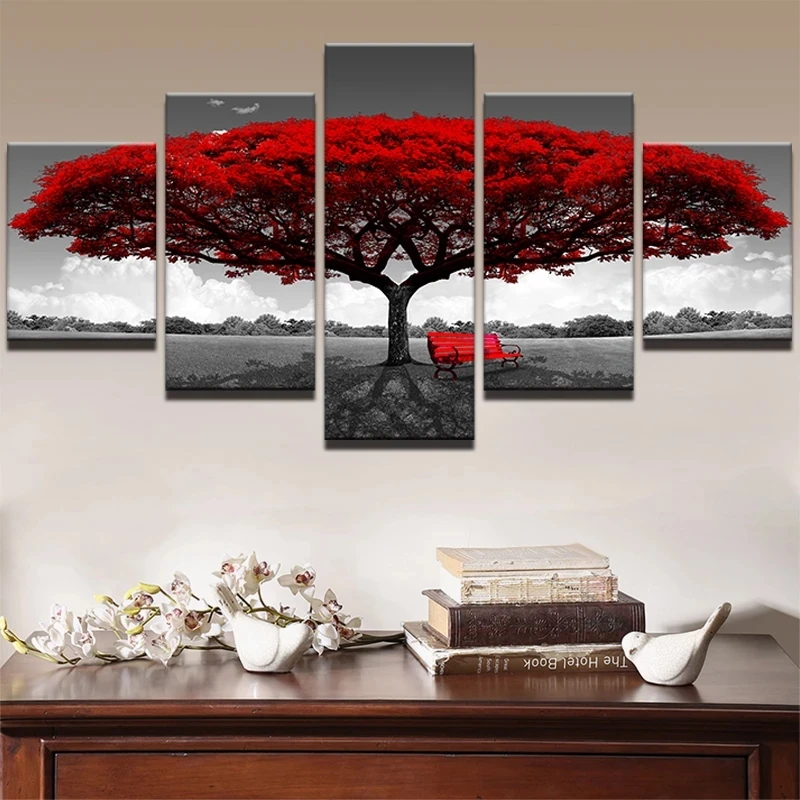 

Modern Canvas Living Room Pictures Painting 5 Piece/Pcs Red Big Tree Framework HD Printed Wall Art Modular Poster Home Decor