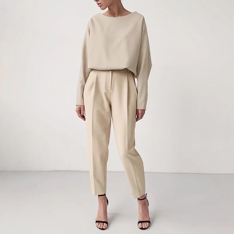 

Solid Color Nine Waist High Waist Loose Autumn Straight Pants Office Ladies Pants Commuter Casual Street Style Retro