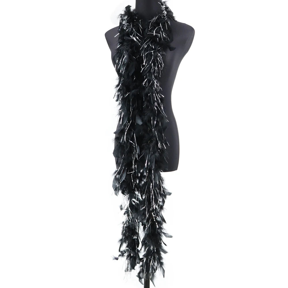 Шаль из черных перьев индейки 30 г с серебряной проволочной лентой белыми перьями