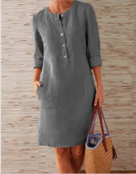 

Cotton Linen Long Sleeve O-neck Knee Dresses for Women Pocket Solid Fashion Party Dress White Black Plus Size Ruched Dress