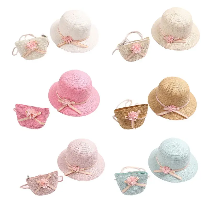 

Baby Girls Straw Sun Visor Hat with Zipper Shoulder Bag Floral Bowknot Beach Hat