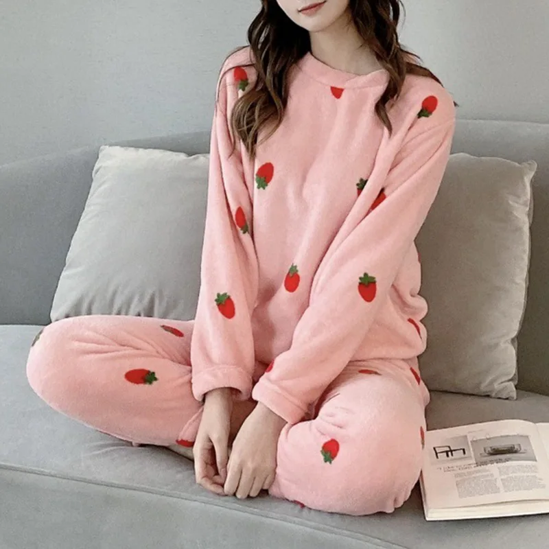 2021 Women Winter Flannel Pajama Set Long Sleeve Striped Loungewear Loose Elastic Waist Thick Warm Sleepwear Home Clothing Hot