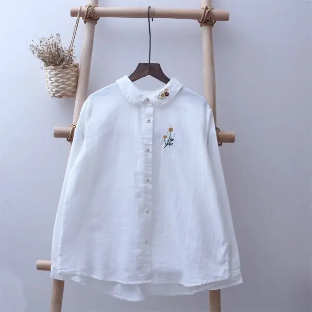 Рубашка женская с вышивкой белая блузка из двойной хлопковой пряжи длинным