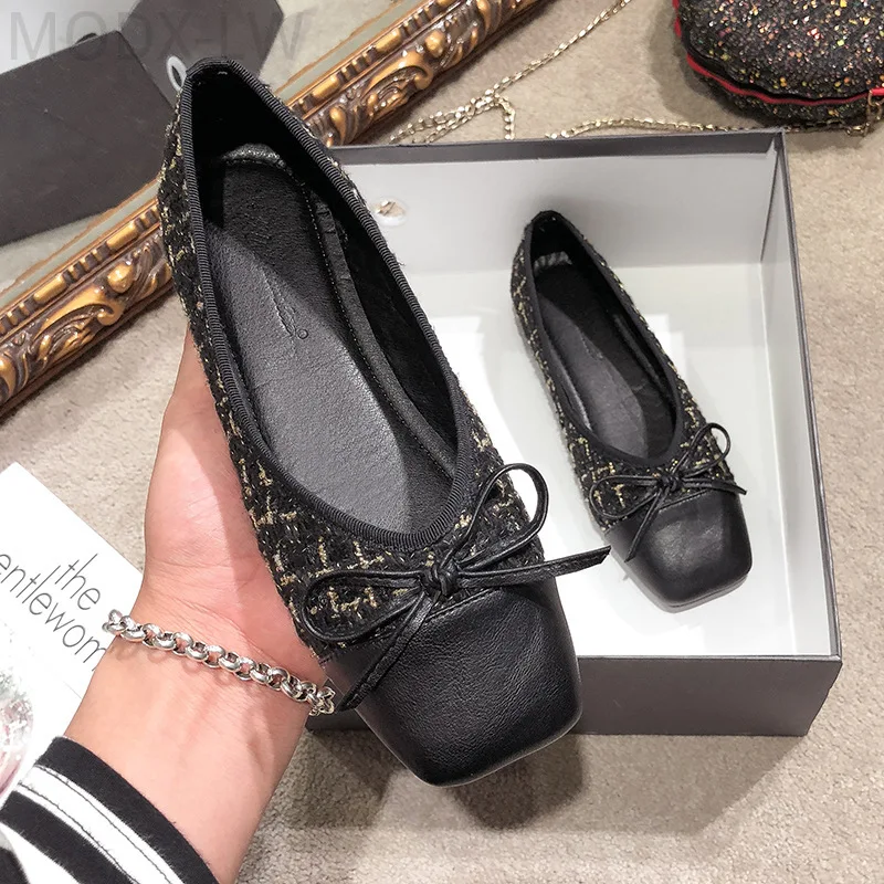 

Large size spring and autumn new flat shoes women's fashion square toe non-slip plaid shoes casual soft ballet flat outdoor shoe