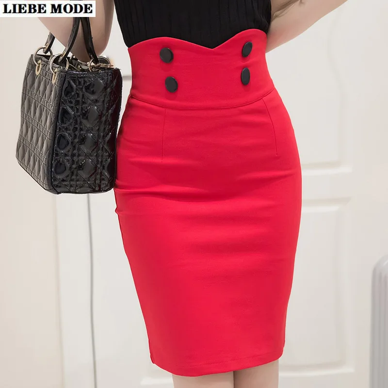 

Spring Summer 2021 Office Work Wear High Waist Split Skirts Womens Business Black Red Package Hip Pencil Skirt Knee Length