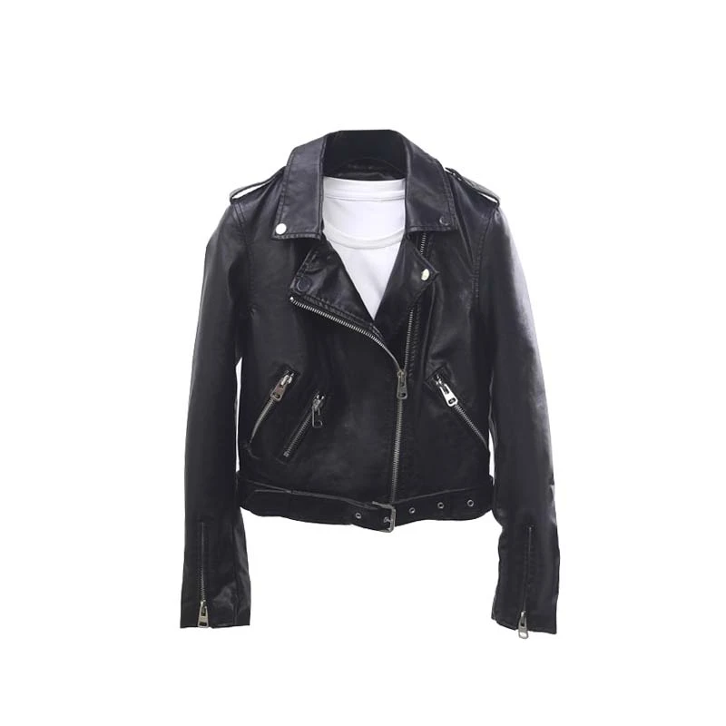 Cute Cropped Slant Zipper Belted Black Faux Leather Biker Jacket for Women Punk Rock Girls White PU Leather Jacket Short Coat