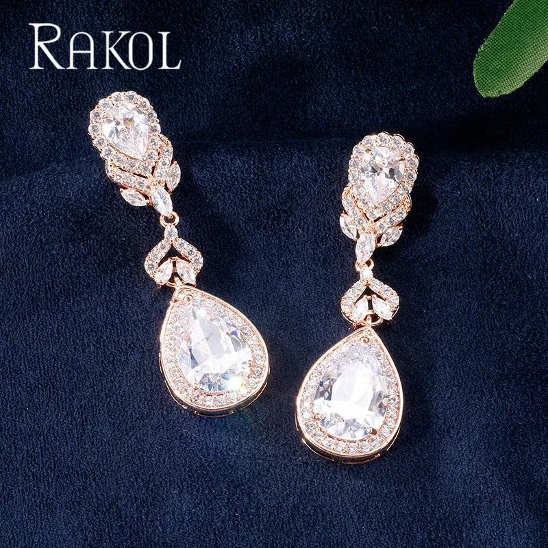 Женские Висячие серьги с фианитом RAKOL синие каплями воды для свадебного обеда