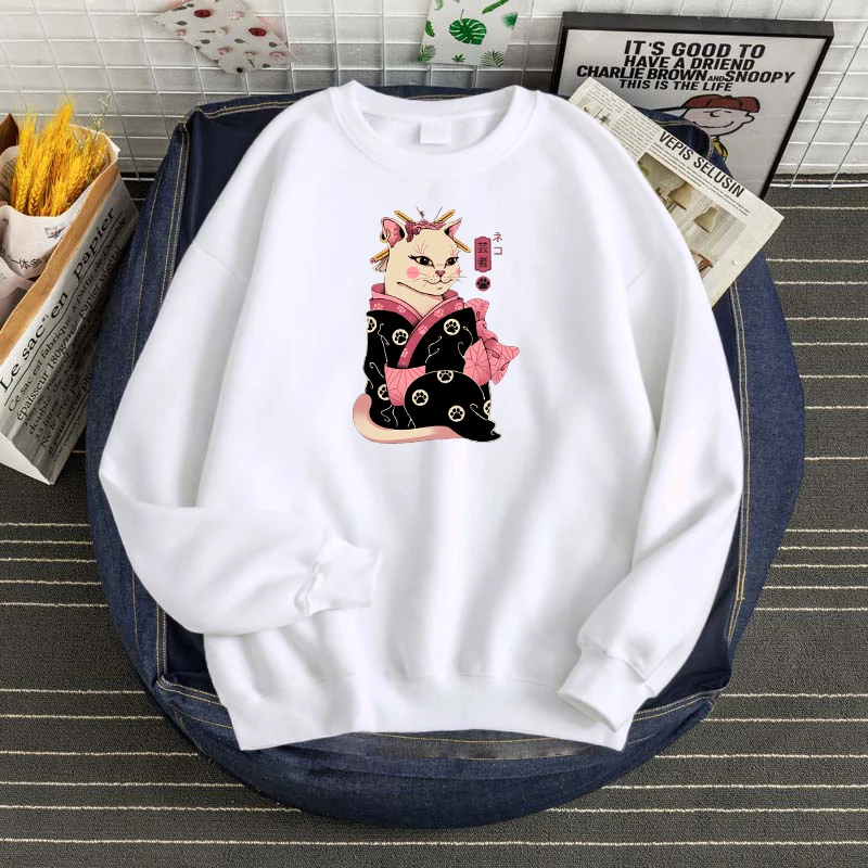 

Новое кимоно с белым котом в японском стиле, толстовка с принтом, удобная повседневная одежда, теплая брендовая мужская толстовка, флисовые ...