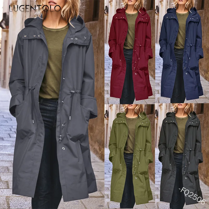 

Женский плащ Lugentolo, осенне-зимняя толстовка, женские длинные пальто на шнуровке, повседневные куртки на молнии с карманами, однотонный модны...