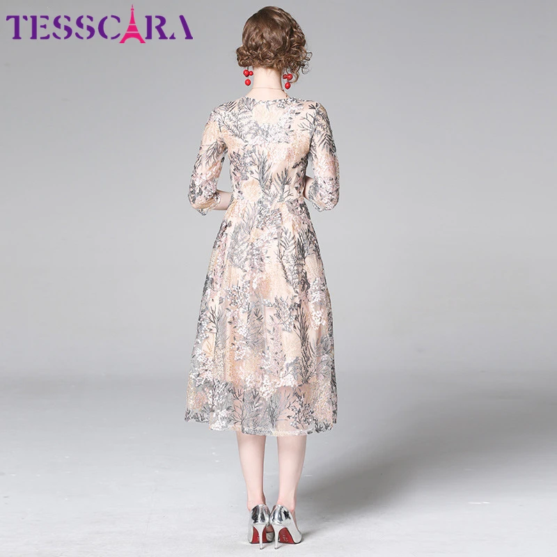 TESSCARA женское роскошное Сетчатое платье с вышивкой Festa женское элегантное длинное свадебное праздничное платье Femme модное дизайнерское женское платье