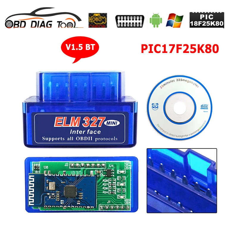 Инструменты для считывания кодов ELM327 V1.5 Bluetooth совместимый с Android и ПК Super OBD2 ELM 327 1 5