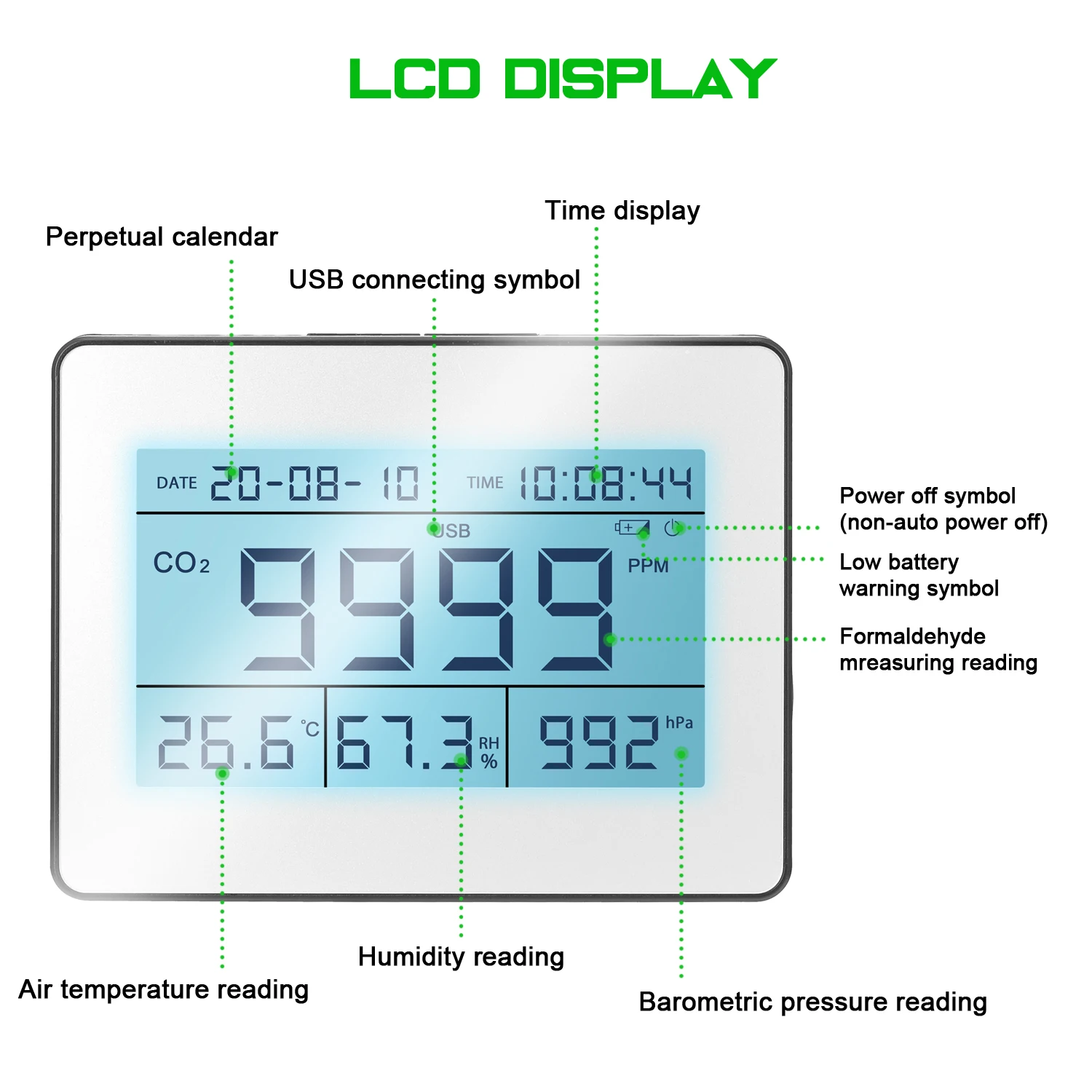 

LCD Data Logging Carbon Dioxide Detector with CO2 Concentration Air Temperature Humidity Barometric Pressure Detection