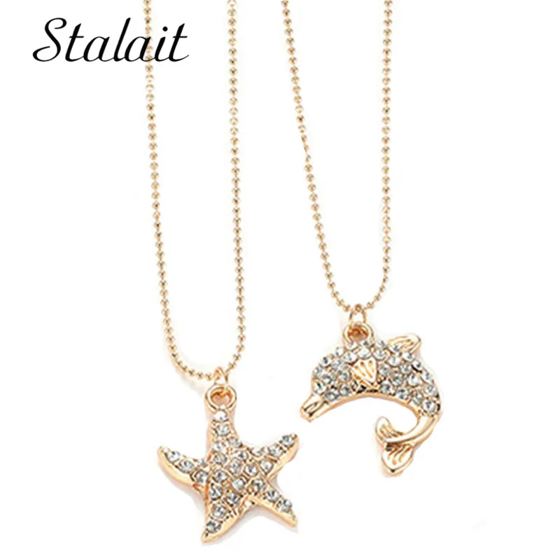 

Bohemia Crystal Rhinestone Starfish Dolphin Cross Elephant Conch Pendant Necklace Women Jewelry