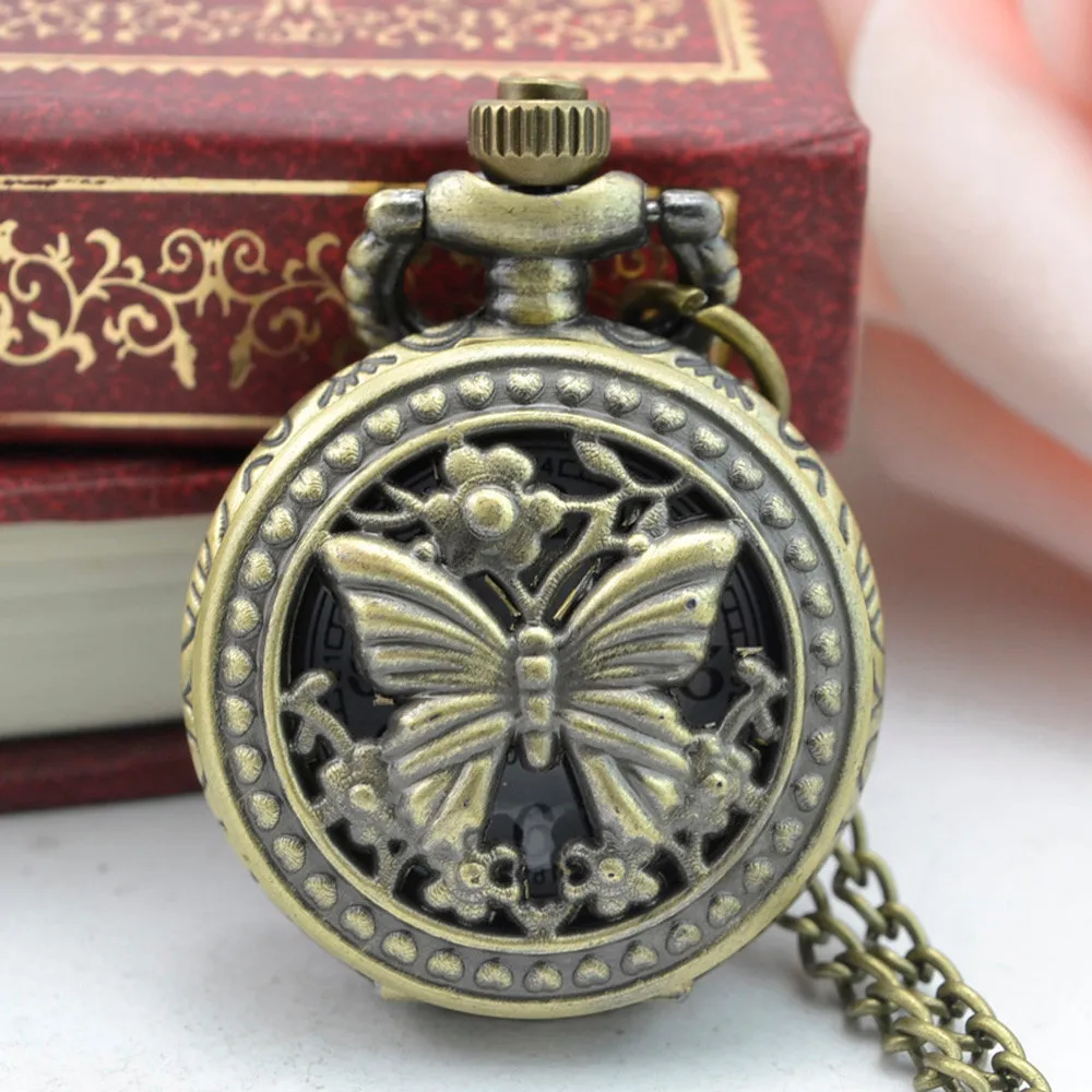 Vintage Pocket Watch Rose Butterfly Hollow Pattern Punk Wind Bronze Quartz Pendant Necklace Gift карманные часы 03* | Наручные