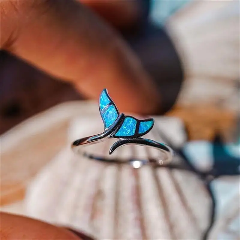 

Fish Tail Blue Fire Opal Rings For Women Female Silver Color Wedding Bands Engagement Ring Jewelry Gift for her