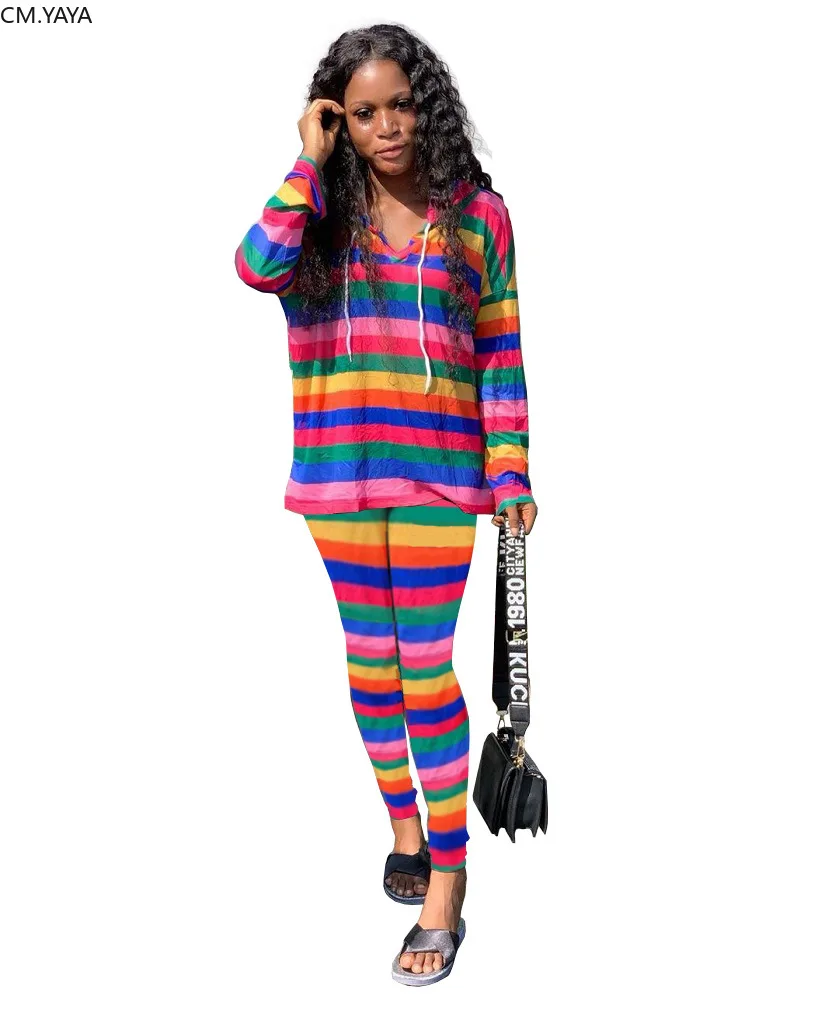 Autumn winter Women Rainbow Striped print t-shirt Hoodies pencil pants suit two piece set sexy party tracksuit sweatsuit GLM215 | Женская