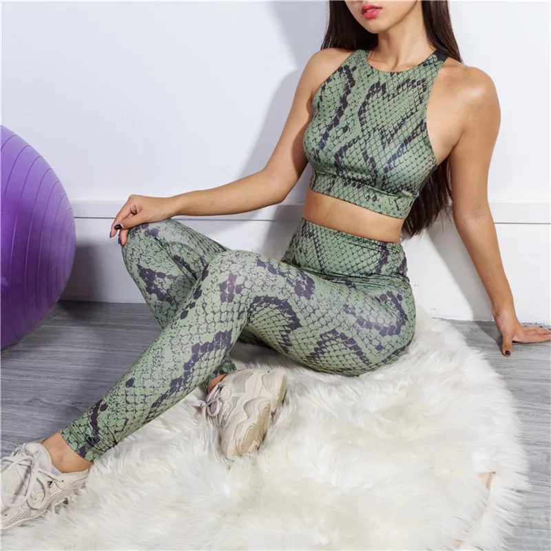 

Snake Print Yoga Set gym clothes Women Crisscross Back Sportwear Gym Clothing Fitness Leggings Workout Sports Suit Female