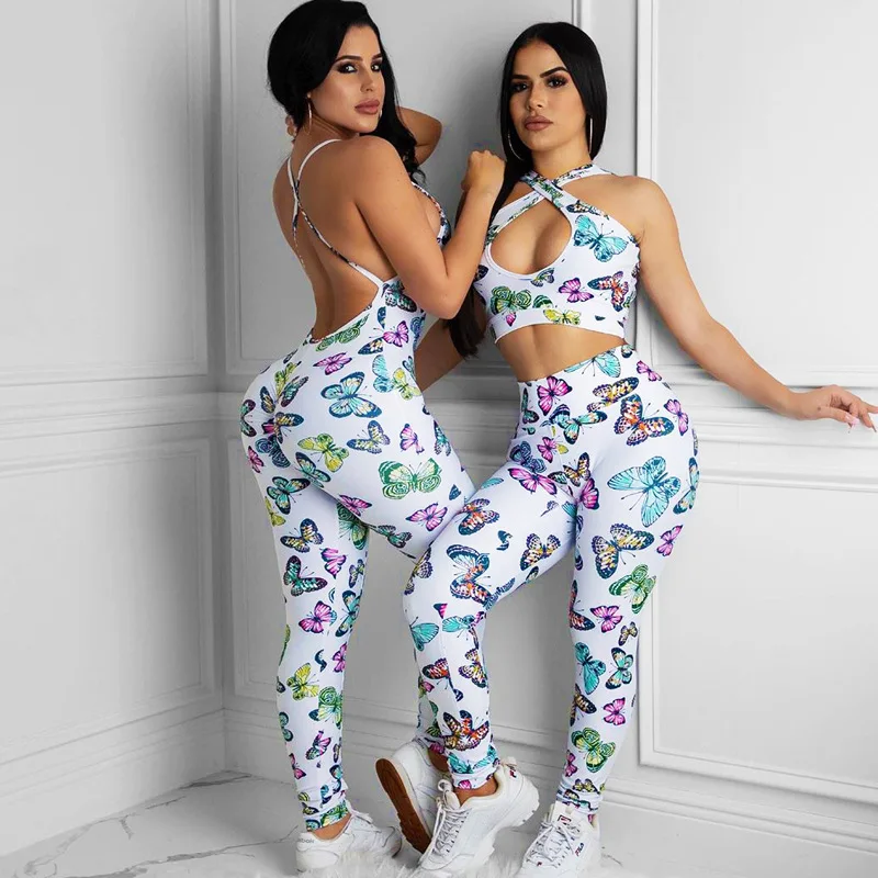 

Newest Sexy Jumpsuit Summer Butterfly Print Women V-neck Sleeveless Halter Backless Hollow Out Rompers Sports Lace-up Jumpsuit