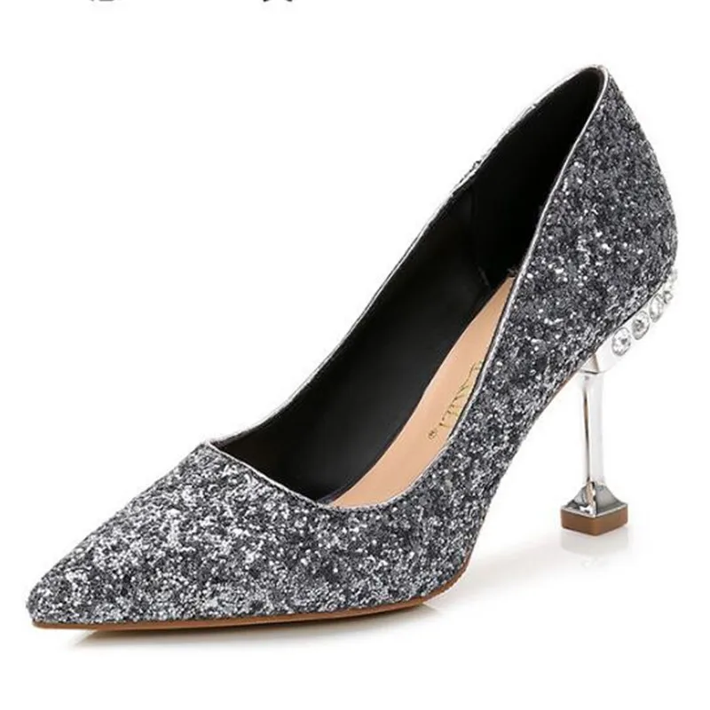 

Женская обувь женские туфли-лодочки Свадебная вечеринка из ткани, расшитой блестками; Туфли без застежки; 5,5 см 8,5 см туфли на тонком высоком каблуке с острым носком Стразы шику мелкая обувь; Большие размеры 35-42