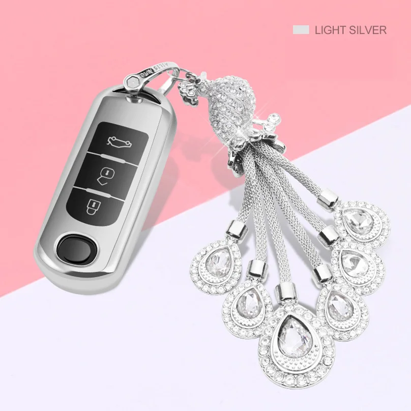 silver with keychain Роскошный алмаз ключи чехол Чехол с украшением в виде кристаллов брелок TPU Защитный чехол для Mazda 6 Mazda 3 Axela Atenza CX-7 CX-9 CX-5 CX5 15-18 - Название цвета: silver with keychain