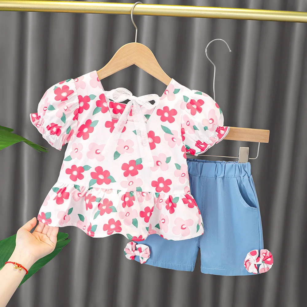 

Children's 2021 Girls Fashion Flower Short-sleeved Set 3 Mesh Red Summer 4-year-old Baby Girls Two-piece Set