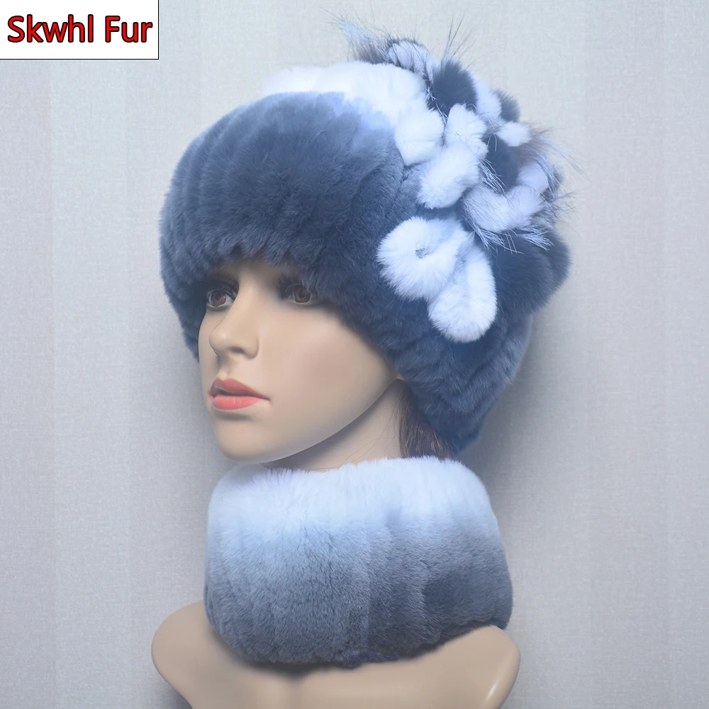 

New Women Winter Luxury Real Rex Rabbit Fur Hat Scarf 2 Pieces Knitted Rex Rabbit Fur Hat With Silver Fox Fur Cap Scarves Sets