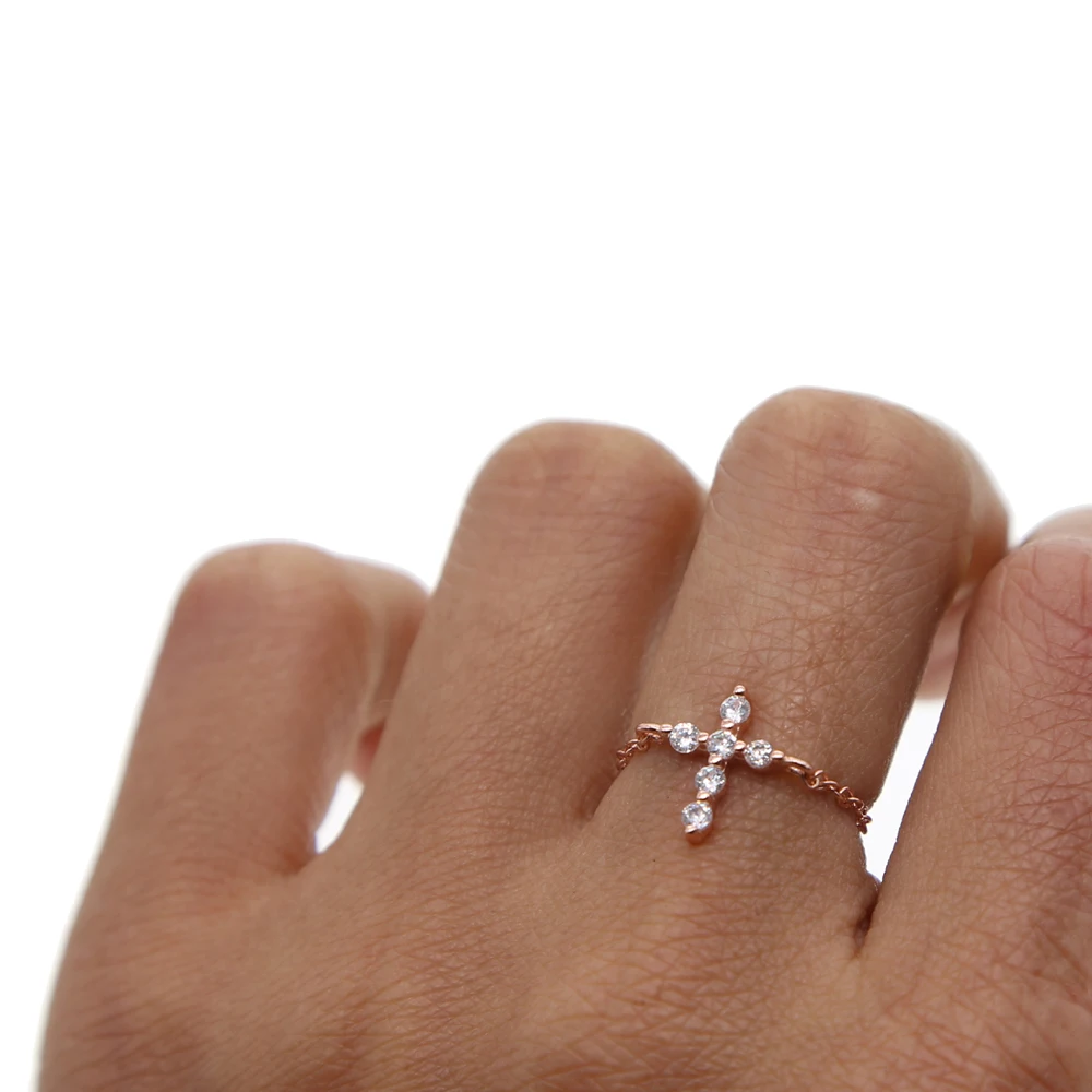 drop shipping 925 stering silver 3color cross CZ adjust delicate chain women girl dainty minimal cz simple cute ring | Украшения и
