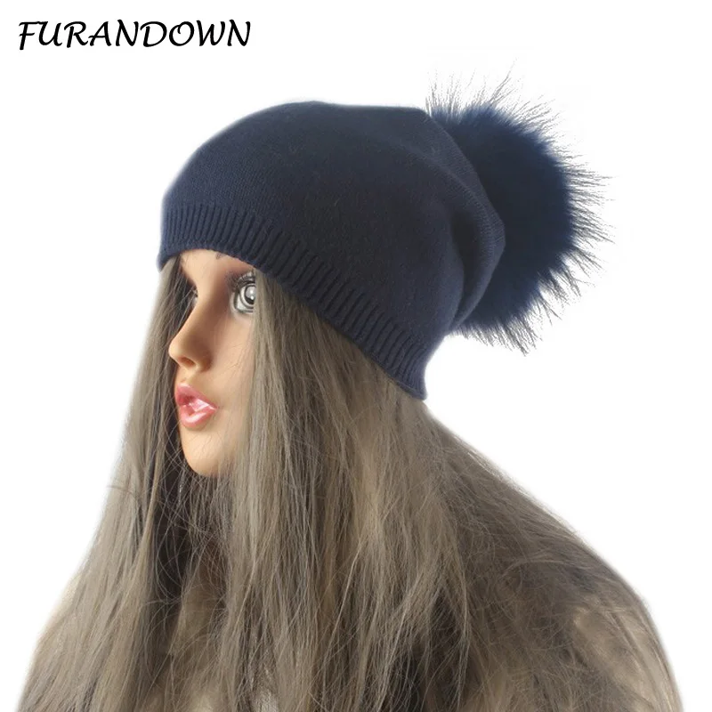

Autumn Winter Pompom Beanies Hat Women Knitted Wool Skullies Casual Women's Cap Real Raccoon Fur Pompom Hats