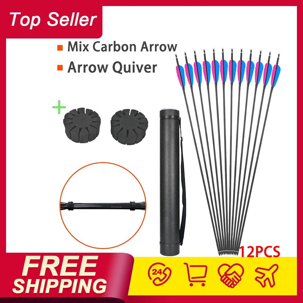 

12pcs Mix Carbon 31" Turkey Feathers Arrows & Arrow Quiver & EVA Sponge Foam Bow Arrow With Screw Tip Broadhead Hunting Archery