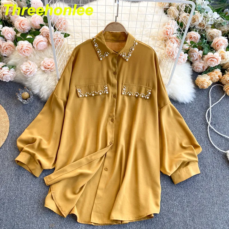 

2021 New Design Fashion Beading Blouse Women Retro Turndown-Collar Button Puff Sleeve Casual Tops Spring Elegant Office Blouses