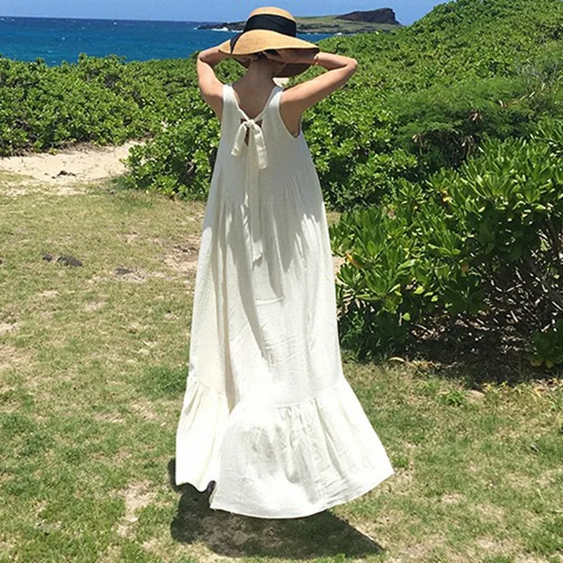 

QPFJQD 2020 New Korean Fashion Female Tie White Long Dresses V-neck Women Summer Ruffles Casual Loose Dress Sleeveless