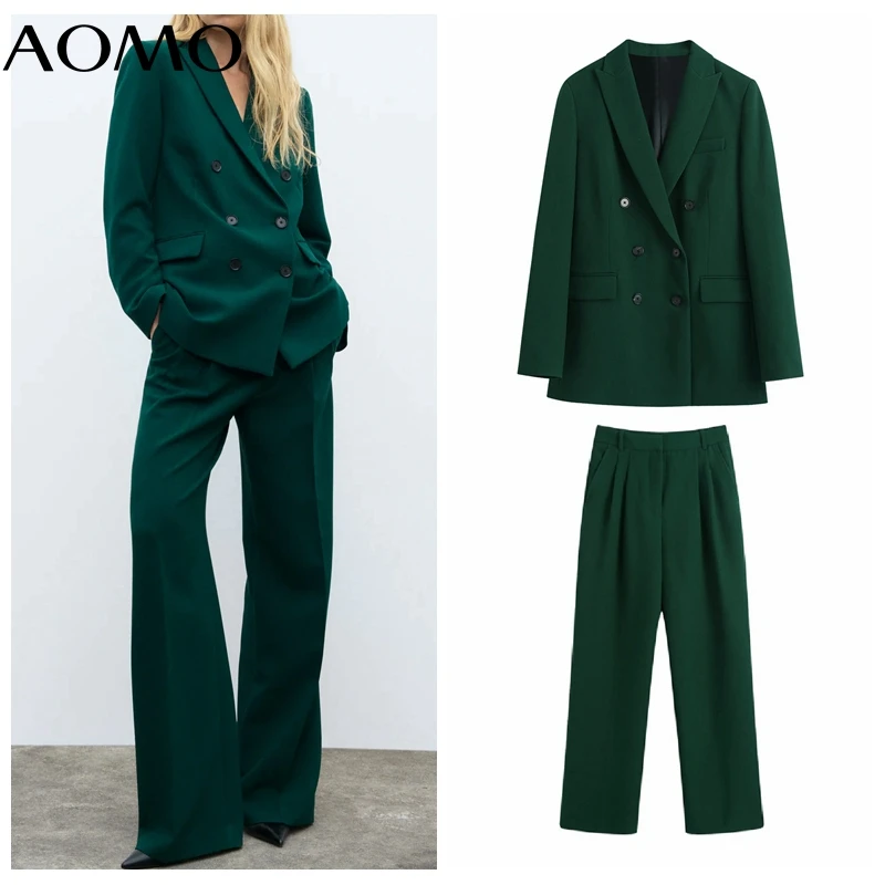 

AOMO Women 2021 Fashion Dark Green Blazer Set Vintage Female Fashion Suit 2 Piece Set Coat and Pants BE344A