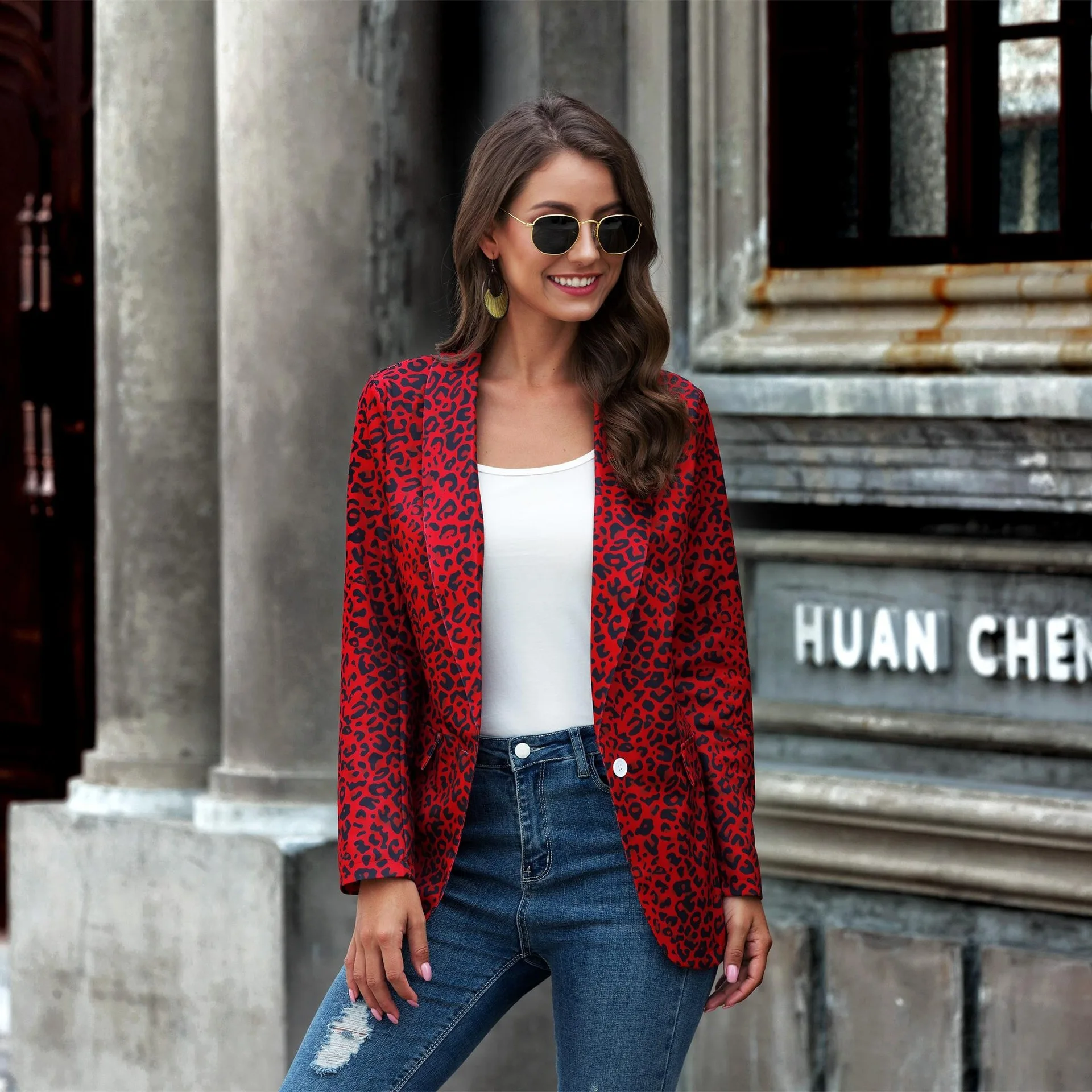 Office Ladies Notched Collar Leopard Print Women Blazer Chic High Street Autumn Jacket Spring Casual Red Female Suits Coat
