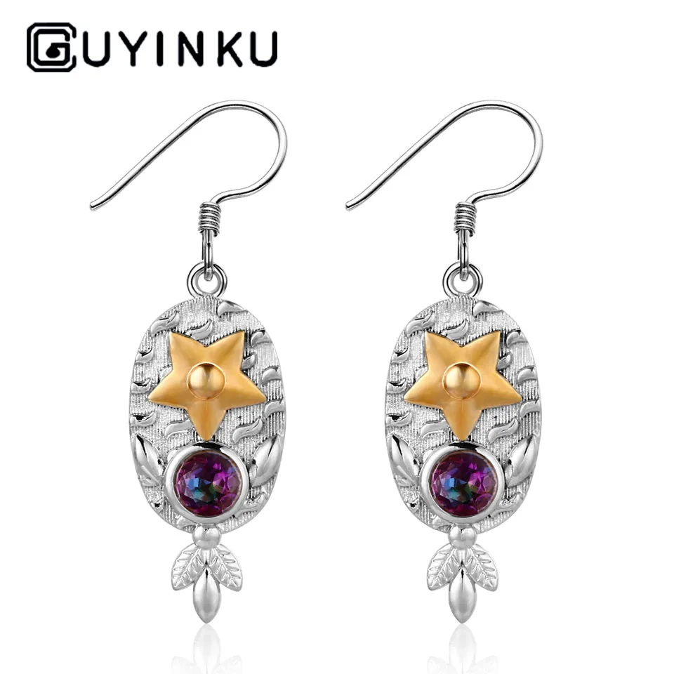 Женские серьги капли GUYINKU двухцветные серебряные с мистическим топазом Радуга