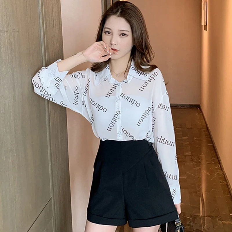 

QOERLIN Printed Letter Button Up Shirts Women Big Size Summer Thin Loose Casual Shirts Female Long Sleeve Spring Tops Blouse 4XL