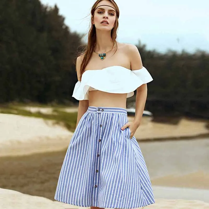 

2021 Summer New Arrival Women Striped A-Line Blue Single-Breasted Skirt Fashion Casual High Waist Knee-Length Skirts Hot Sale