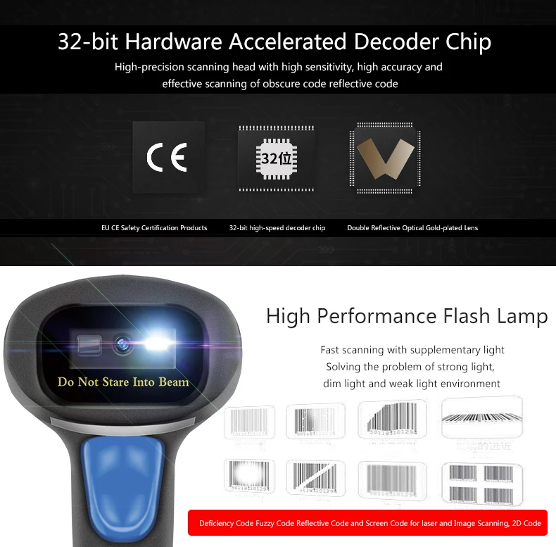Новое поступление Bluetooth сканер штрих-кода беспроводной 1D/2D проводной Ручной считыватель штрих-кода для инвентаризации POS терминал