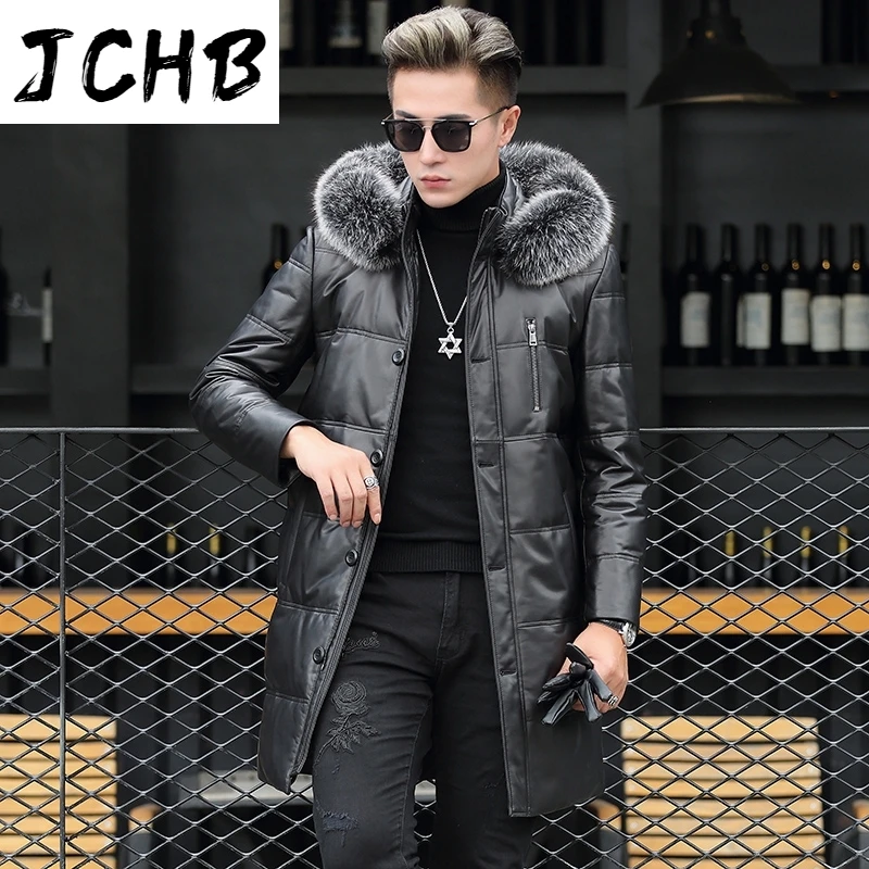 

Genuine JCHB Leather Down Jacket Men Winter Sheepskin Coat Fox Fur Collar Hooded Long Real Leather Jacket Men RS89812 KJ4966