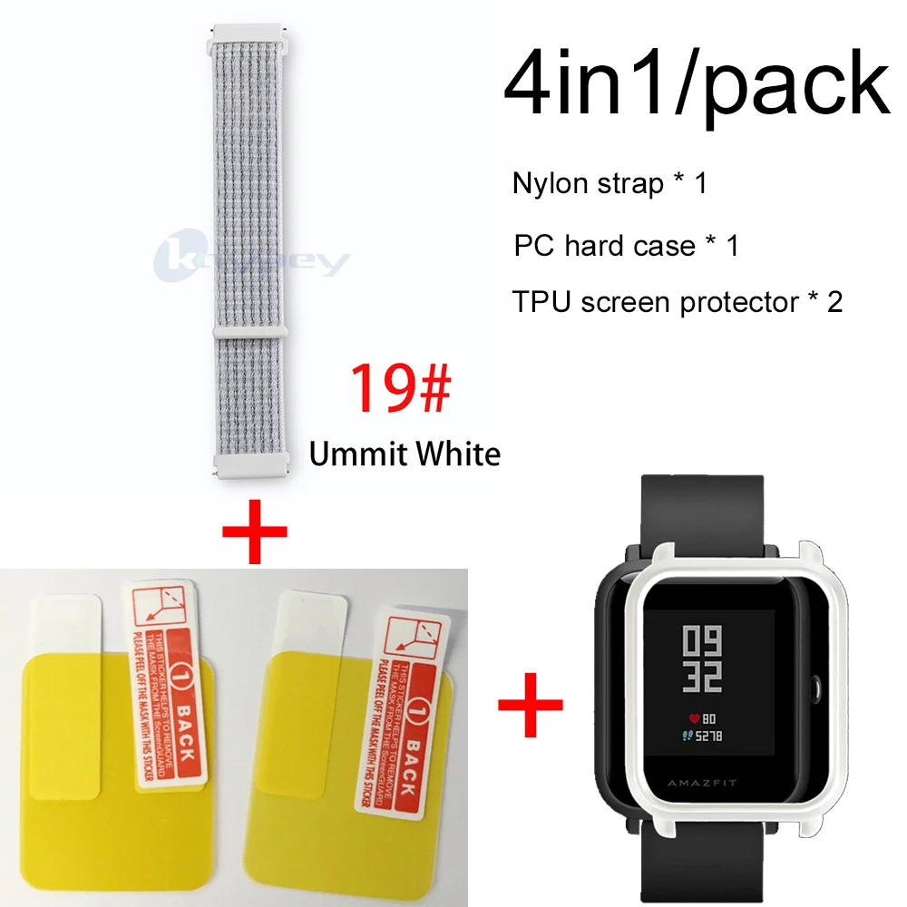 19-White case 4в1 для Xiaomi Huami Amazfit ремешок bip браслет нейлоновая петля Smartwatch Браслет amazfit bip чехол с защитой экрана - Цвет: 19-White case