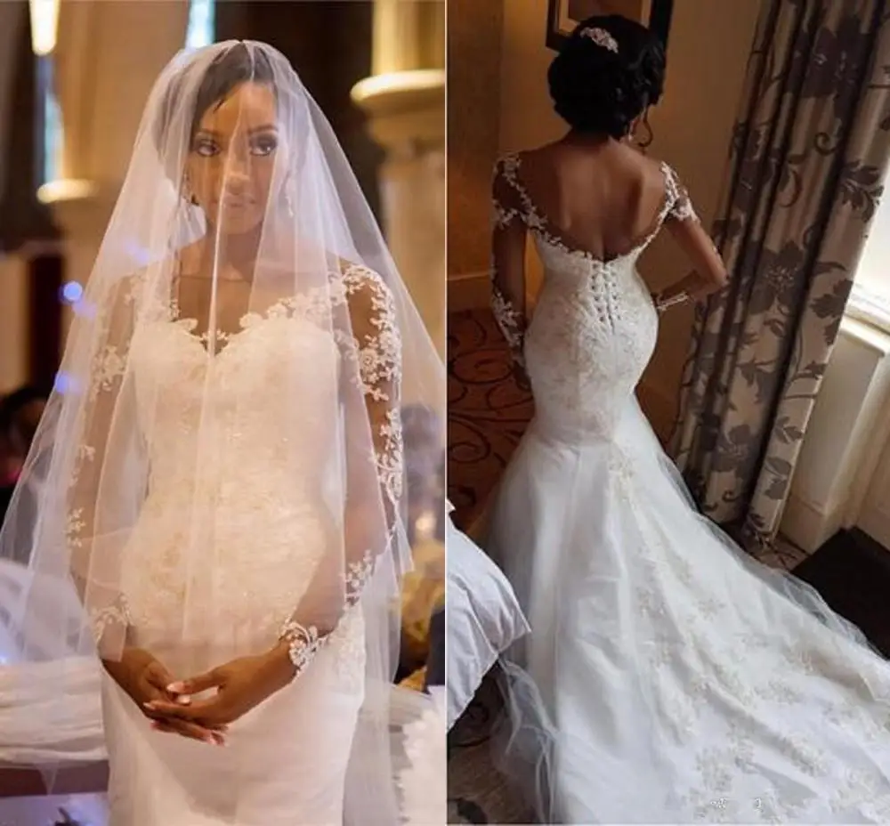 

Mermaid Long Sleeve Wedding Dresses 2020 Sheer Neck Lace Applique Beaded Nigeria African Trumpet Bridal Gown Vestido De Novia