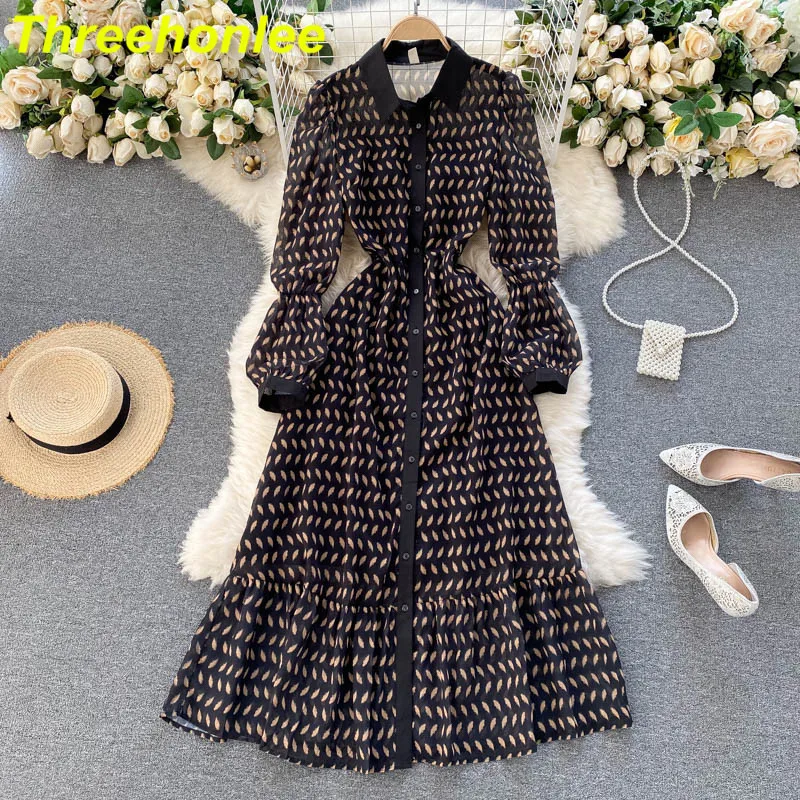 

Spring Women 2021 Dress Streetwear Ruffles Retro Print Dress Korean Turndown-Collar Long Sleeve Button A-line Dresses