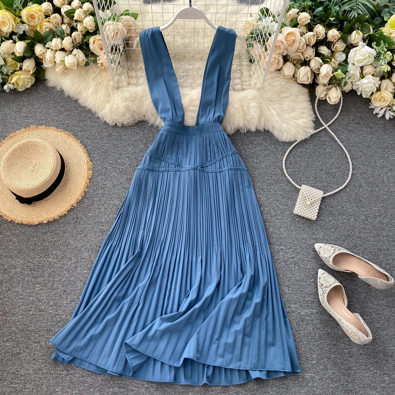 Платье SINGRAIN женское Плиссированное на бретельках Длинное Элегантное однотонное