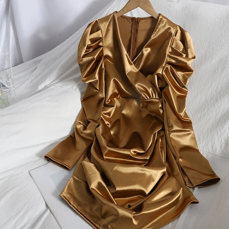 

Spring Autumn Blue/Gold/Black Satin Sexy Bodycon Dress Women Elegant V-Neck Long Sleeve Party Mini Vestidos Female 2021 Fashion
