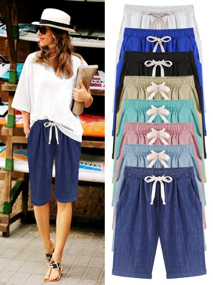 

Fashion Women Summer Short Cotton Linen Shorts Casual Ladies Drawstring Elastic Loose Short Trousers Plus Size 8XL