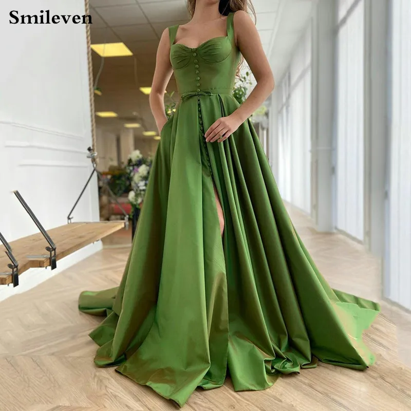 

Smileven Green Sweetheart Neck Evening Dresses Satin Double Straps Front Split Prom Party Dresses Longo Prom Gowns